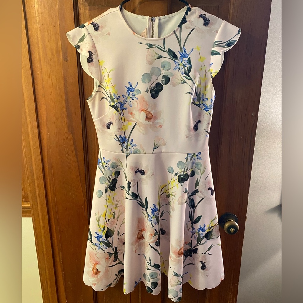 Ted Baker Karsali Elegance Scallop Skater Dress in a blush pink floral print